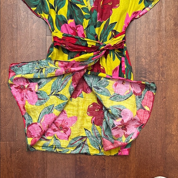 Zara Vibrant Chartreuse Hibiscus Floral Linen Mini Dress, Size XS - Picture 10 of 16